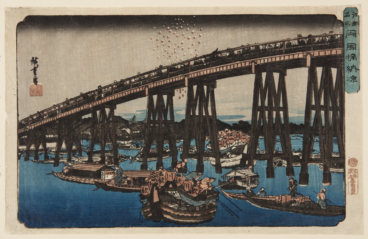Ciesz się wieczornym chłodem w Ry?goku Bridge (Ry?goku-bashi n?ry?) (kolorowy drzeworyt) autorstwa Ando or Utagawa Hiroshige