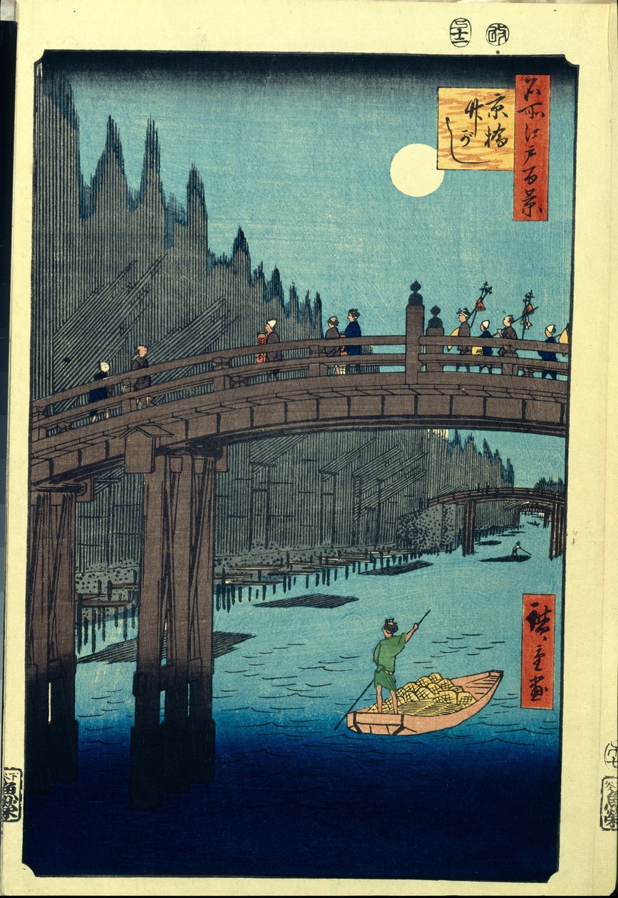Japoński drzeworyt: The Bamboo Wharf autorstwa Kyobashi Bridge (Tokio, Japonia). Seria stu słynnych widoków Edo. (Bamboo Quay przy Kyobashi Bridge, Sto słynnych widoków Edo). Praca Utagawa Hiroshige (1797-1858), drzeworyt (39x26 cm) autorstwa Ando or Utagawa Hiroshige