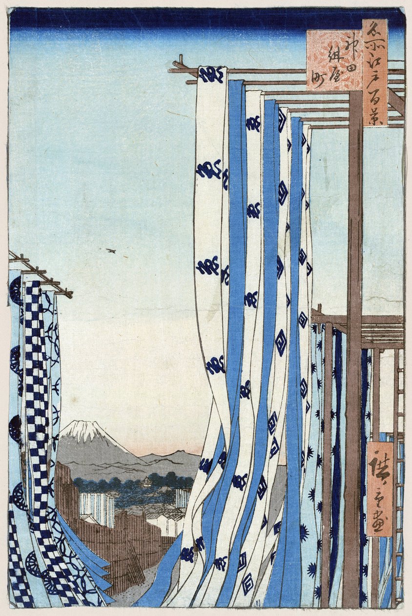 Ryciny japońskie: Dzielnica farbiarzy w Kanda (Tokio, Japonia). W tle widać górę Fuji. Seria stu słynnych widoków Edo. (Dzielnica Dyers w Kanda. Sto słynnych widoków Edo). Praca Utagawy Hiroshige (1797-1858), grawer autorstwa Ando or Utagawa Hiroshige