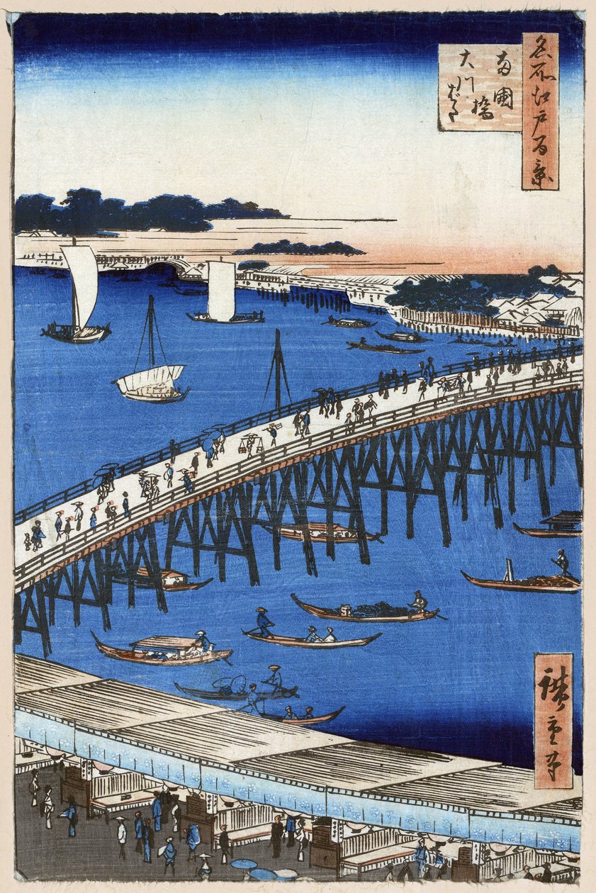 Japoński drzeworyt: Brzegi rzeki przy moście Ryogoku (Tokio, Japonia). Seria stu słynnych widoków Edo. (Brzeg rzeki przy moście Ryogoku. Sto słynnych widoków Edo). Praca Utagawy Hiroshige (1797-1858), drzeworyt autorstwa Ando or Utagawa Hiroshige