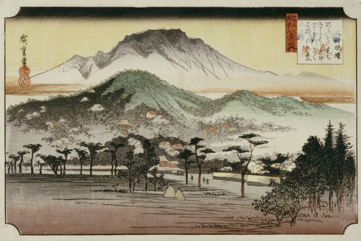 Wieczorny Dzwon w Świątyni Mii, z cyklu „Osiem widoków na jezioro Biwa” autorstwa Ando or Utagawa Hiroshige