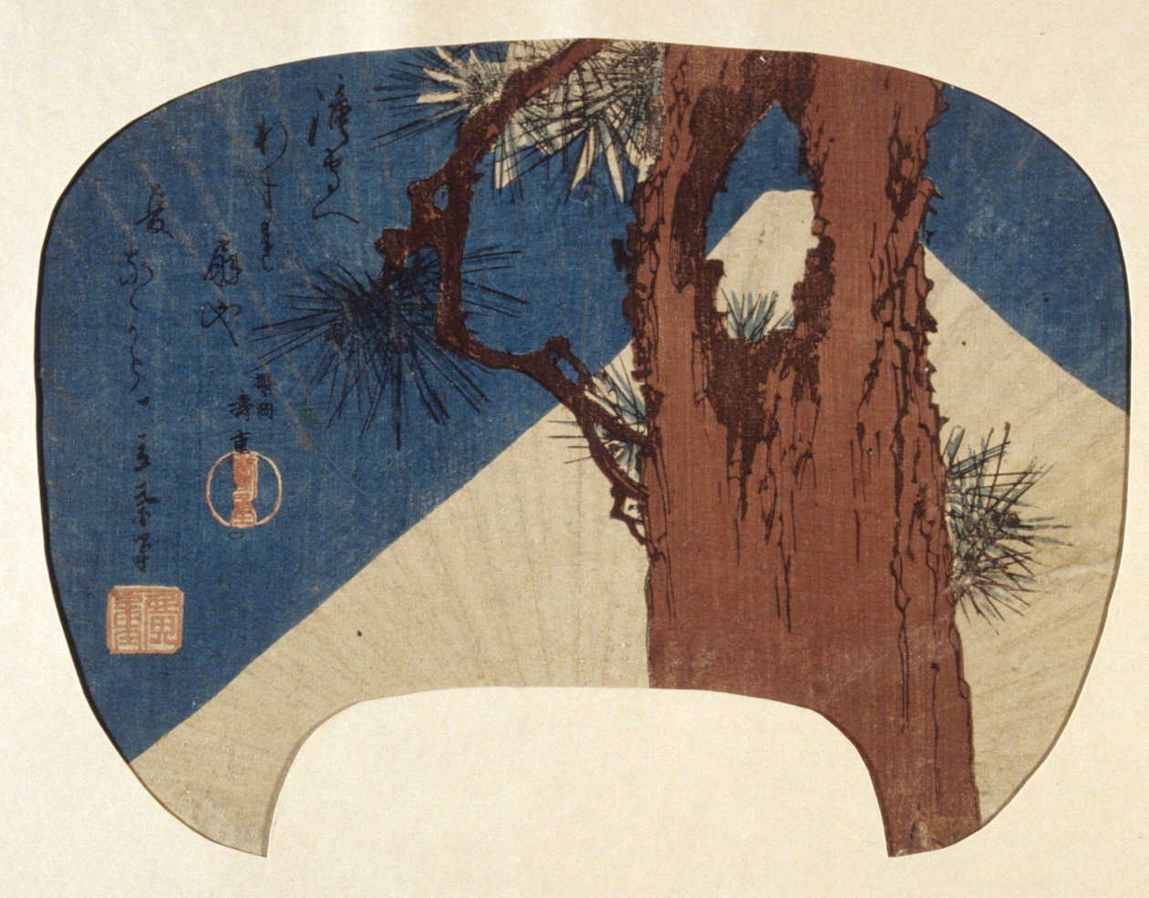 Nadruk wachlarzowy: sosna i góra Fuji autorstwa Ando or Utagawa Hiroshige