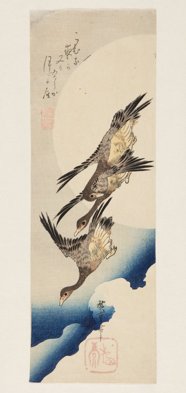 Gęsi przelatujące przez pełnię księżyca (kolorowy drzeworyt) autorstwa Ando or Utagawa Hiroshige