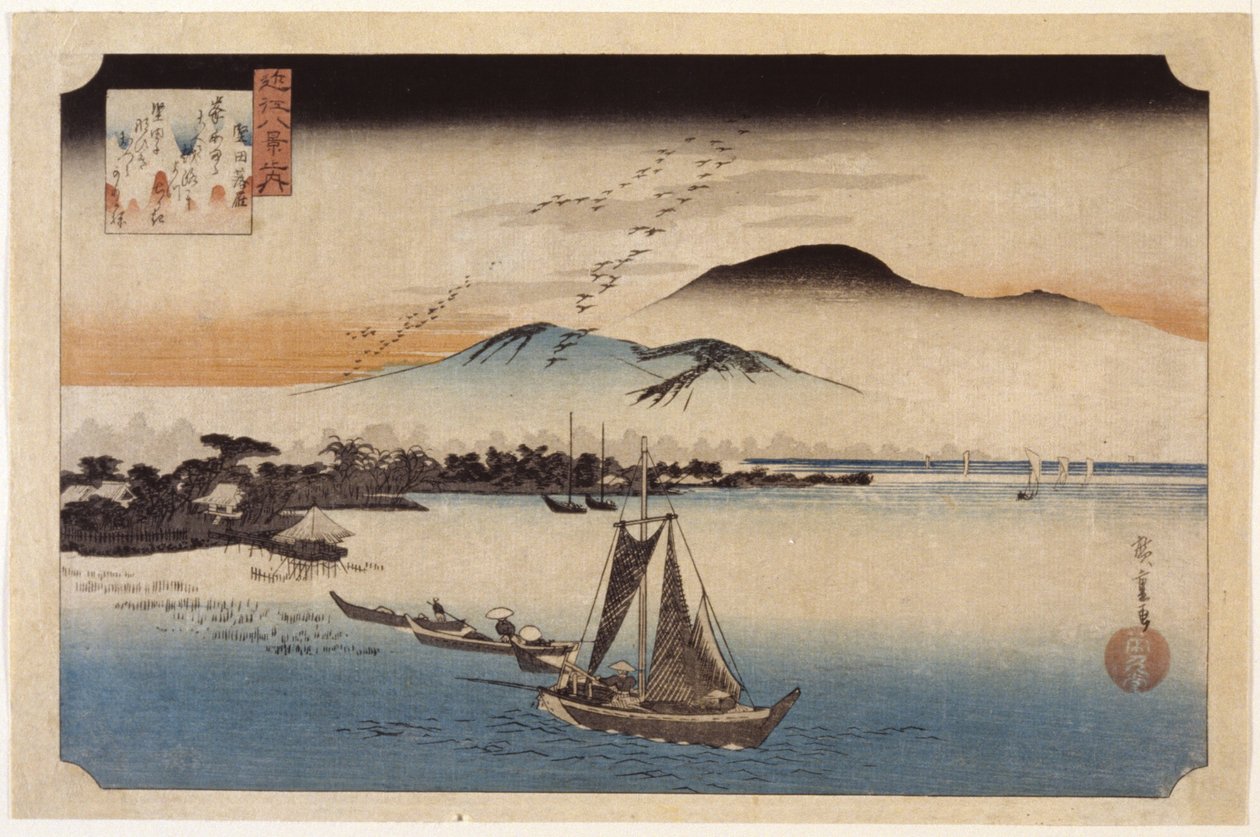 Geese Homing at Katata (kolorowy drzeworyt) autorstwa Ando or Utagawa Hiroshige