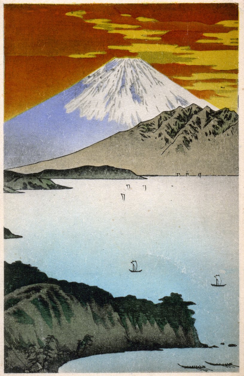 Geografia. Japonia. Wschód słońca na górze Fuji. Drzeworyt Hiroshige w: Pięćdziesiąt trzy stacje Tokaido (1833-1834). Pocztówka, Japonia, ok. 1900 (pocztówka) autorstwa Ando or Utagawa Hiroshige