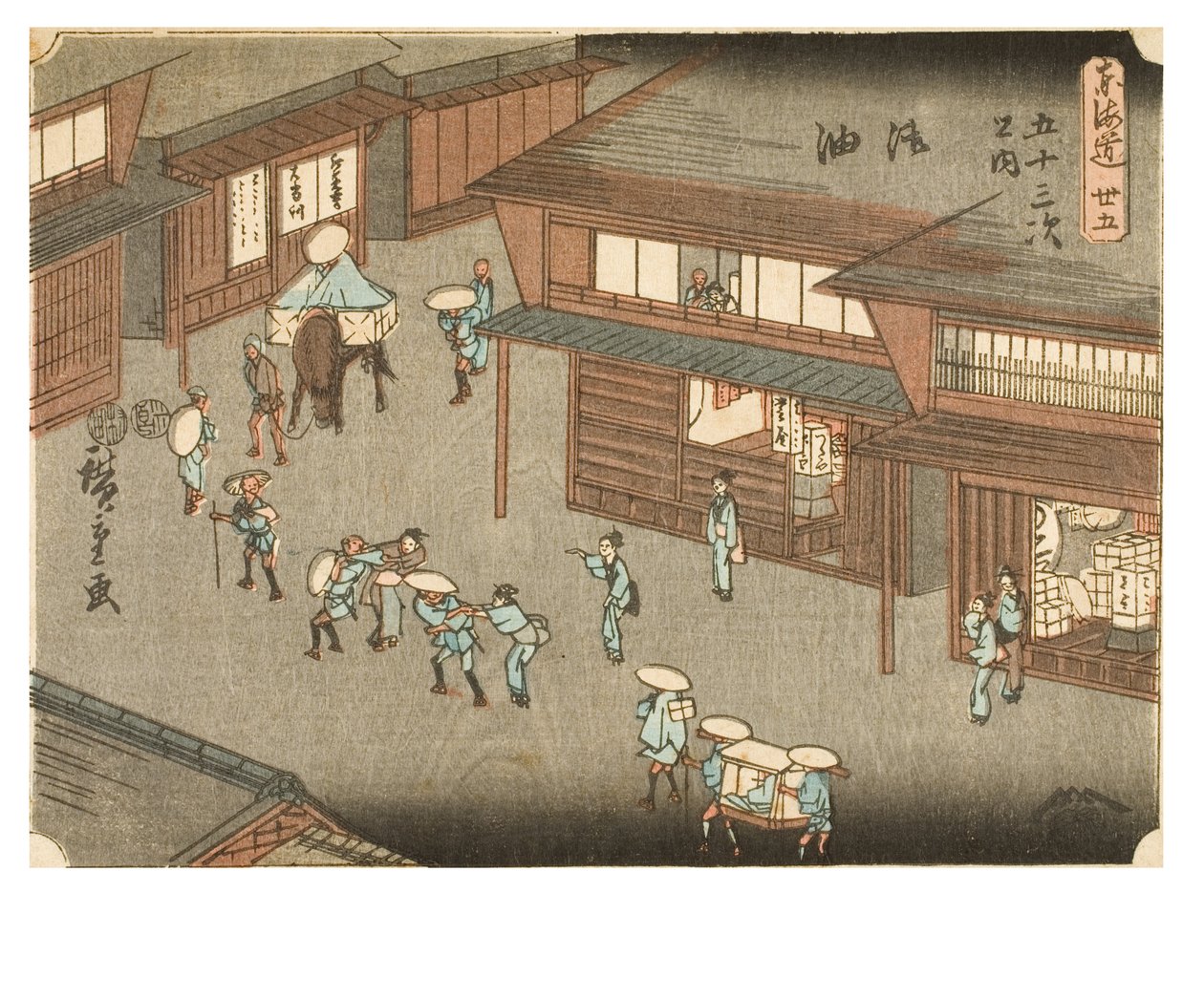 Goyu. Kobiety zatrzymujące podróżnych na ulicy. Z serii Pięćdziesiąt trzy stacje Tokaido, ok. 1847-1852 (drzeworyt na papierze) autorstwa Ando or Utagawa Hiroshige