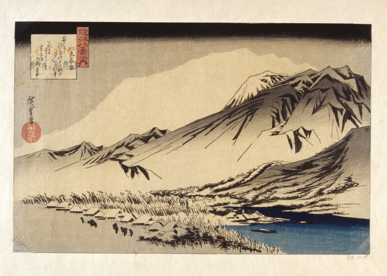 Lingering Snow On Mount Hira (kolorowy drzeworyt) autorstwa Ando or Utagawa Hiroshige