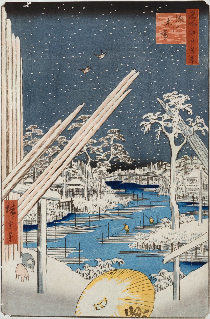 Składy drewna w Fukagawie, z cyklu „Sto widoków znanych miejsc w Edo” autorstwa Ando or Utagawa Hiroshige
