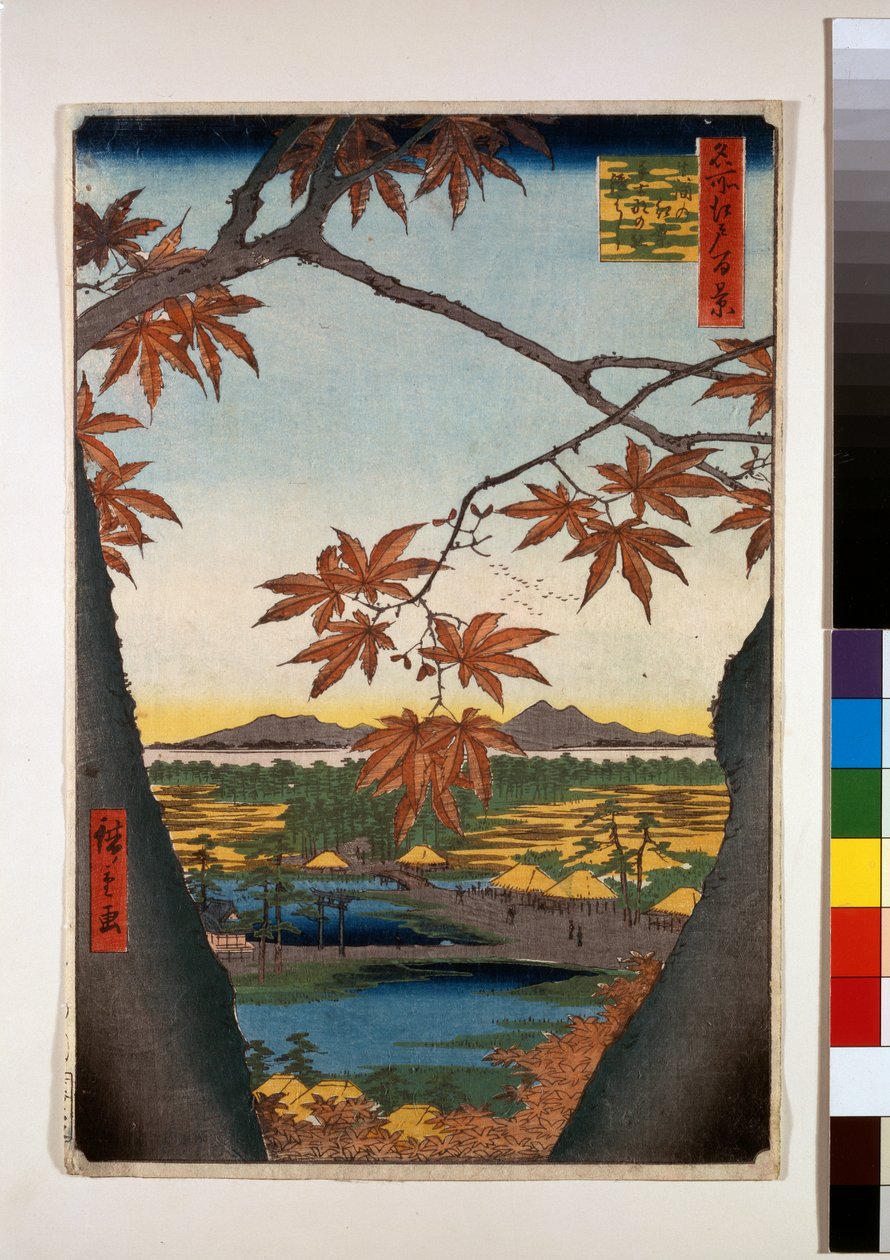 Drzewa klonowe w Mama, świątynia Tekona i połączony most autorstwa Ando or Utagawa Hiroshige