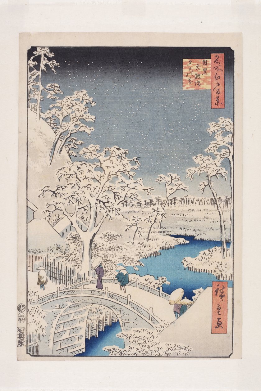 Meguro Drum Bridge i Sunset Hill (Meguro Taikobashi Y?hinooka) (kolorowy drzeworyt) autorstwa Ando or Utagawa Hiroshige