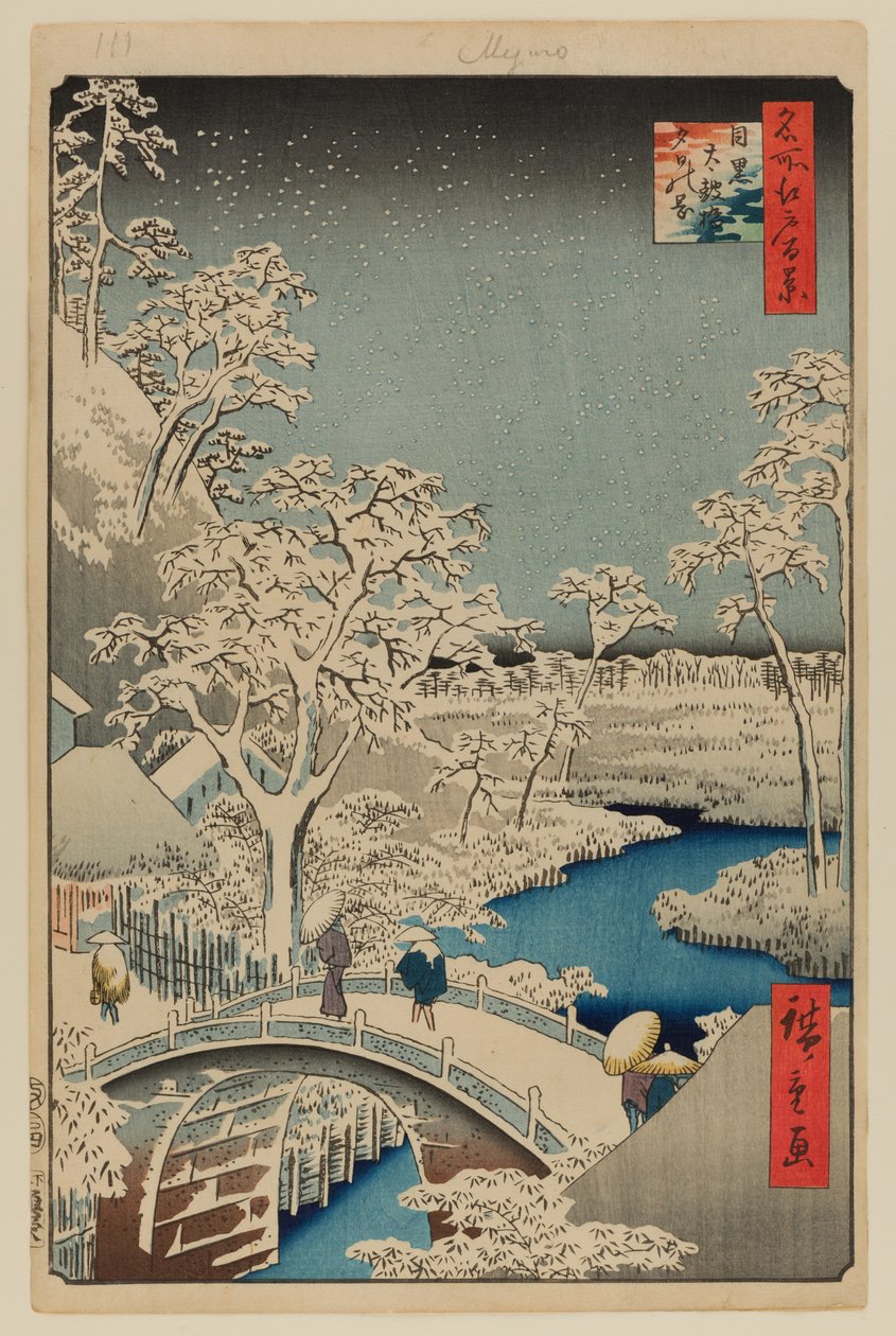 Meguro Drum Bridge i Sunset Hill autorstwa Ando or Utagawa Hiroshige