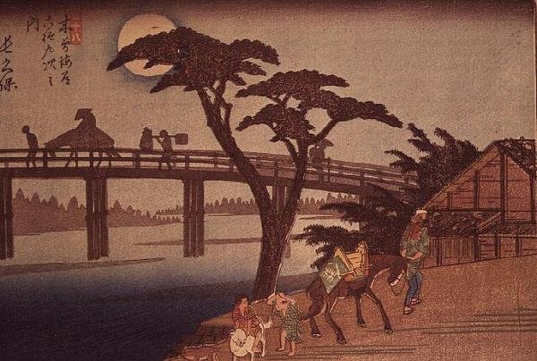 Światło księżyca nad Nagacubo, ok. 1840 (kolorowy drzeworyt yoko-e w poziomie) autorstwa Ando or Utagawa Hiroshige