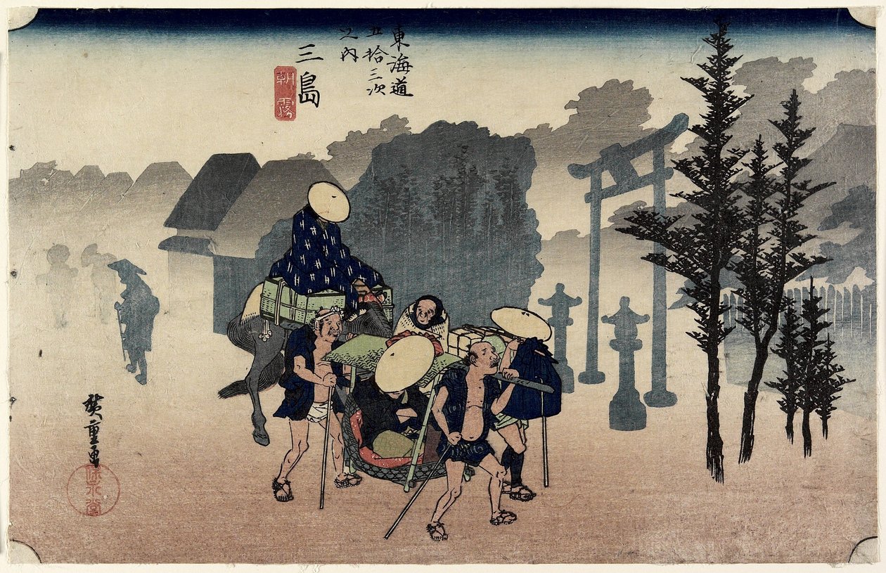 Poranna mgła, Mishima, c. 1833 autorstwa Ando or Utagawa Hiroshige