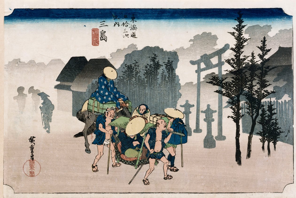 Poranna mgła w Mishima, z cyklu „Pięćdziesiąt trzy stacje Tokaido”, ok. 1834 autorstwa Ando or Utagawa Hiroshige