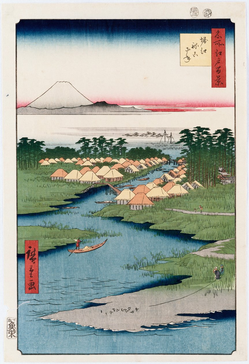 Nekozane w Horikiri”, z serii „Sto widoków znanych miejsc w Edo” autorstwa Ando or Utagawa Hiroshige
