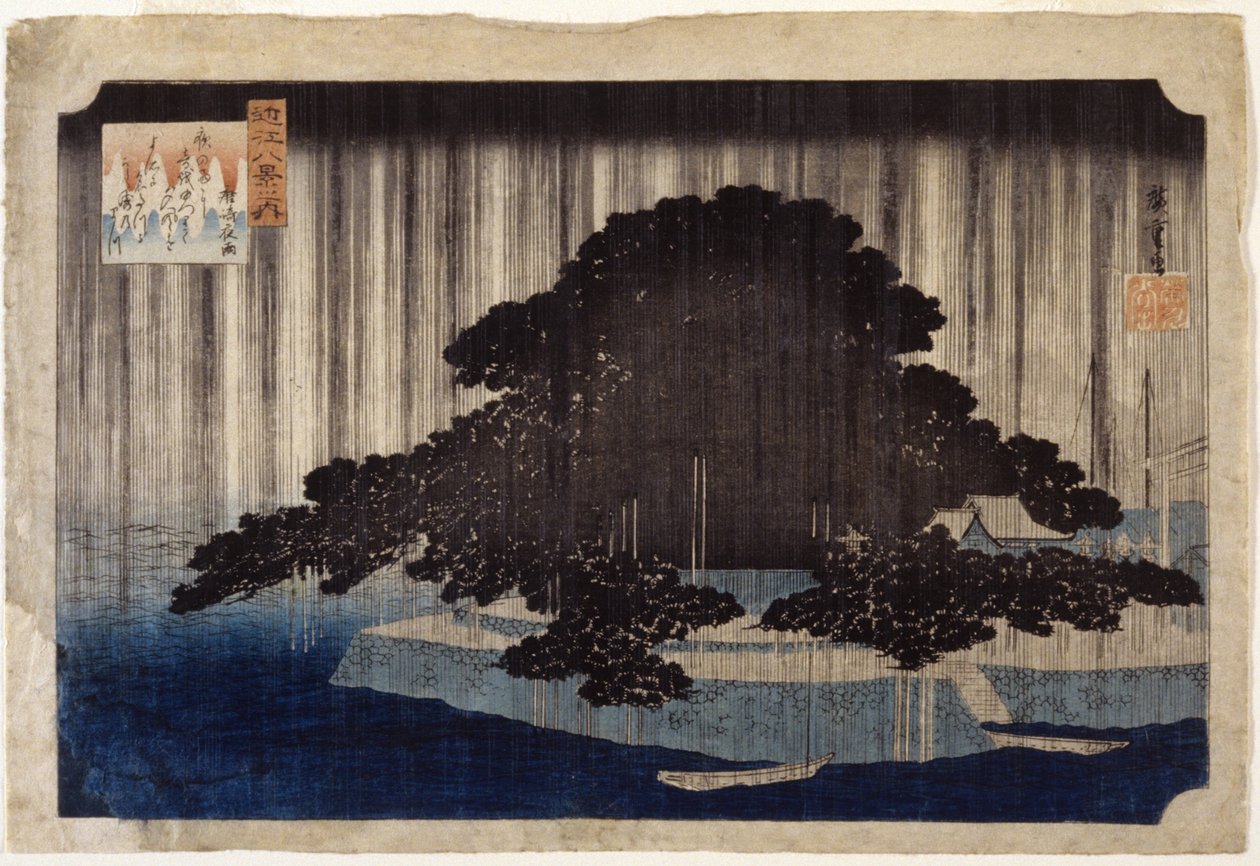 Night Rain At Karasaki (kolorowy drzeworyt) autorstwa Ando or Utagawa Hiroshige