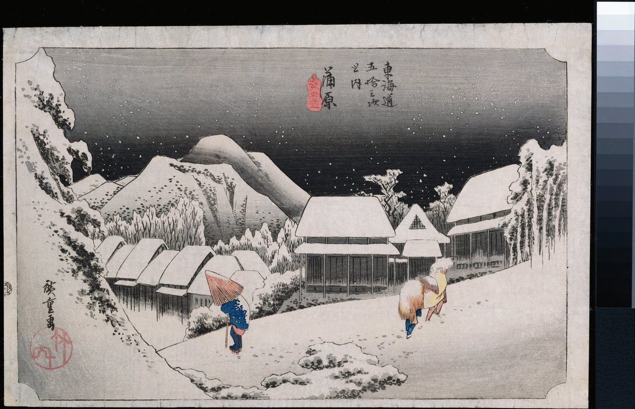 Night Snow, Kambara”, z cyklu „Pięćdziesiąt trzy stacje Tokaido” autorstwa Ando or Utagawa Hiroshige