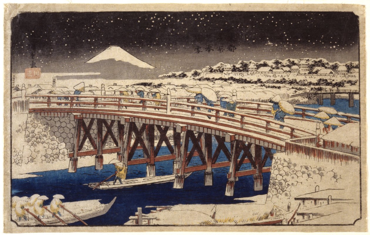 Nihonbashi In The Snow (kolorowy drzeworyt) autorstwa Ando or Utagawa Hiroshige