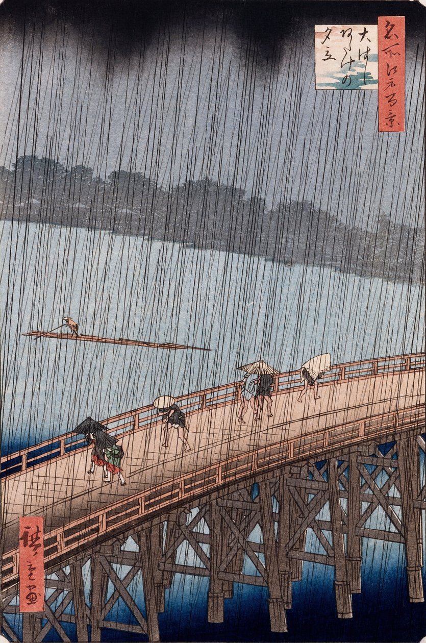 Ohashi, Nagły prysznic w Atake, z serii „Sto widoków znanych miejsc w Edo” autorstwa Ando or Utagawa Hiroshige