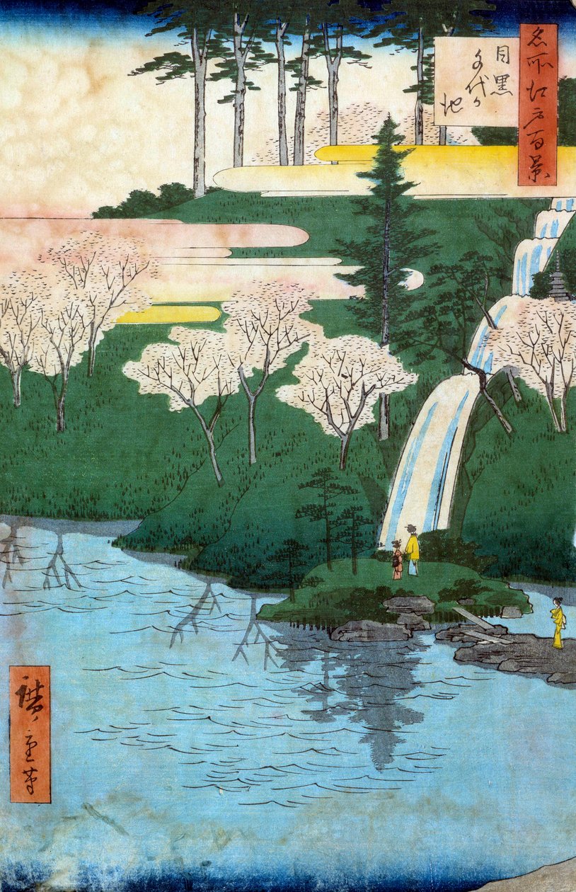 Sto słynnych widoków Edo; widok na staw Chiyo a Meguro. Japońska grafika Utagawy Hiroshige (1797-1858) XIX wiek. Prywatna kolekcja autorstwa Ando or Utagawa Hiroshige