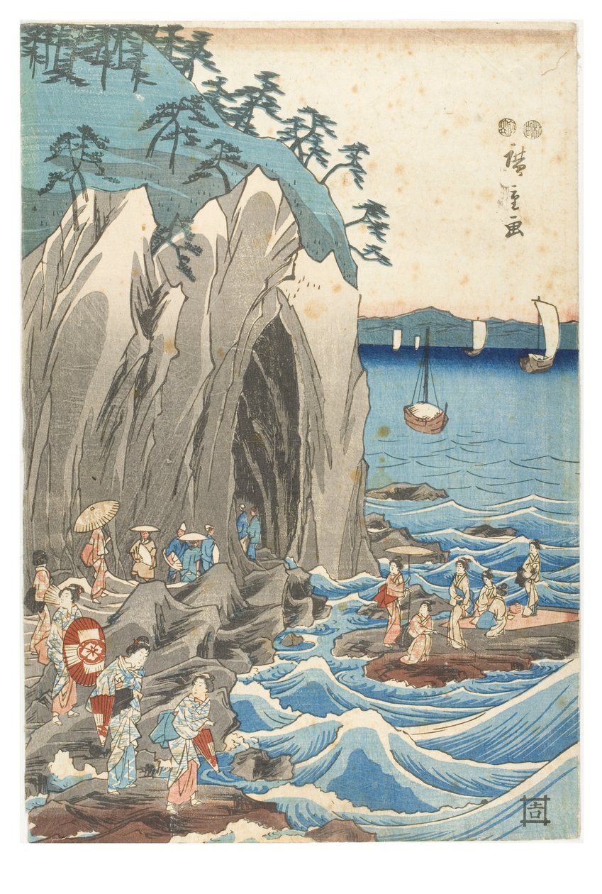 Pielgrzymka na wystawę posągu Benzaitena w głównym sanktuarium Iwaya w Enoshimie w prowincji Sagami, ok. 1847-1852 (drewnodruk na papierze) autorstwa Ando or Utagawa Hiroshige
