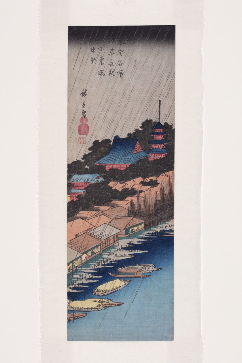 Deszcz na moście Azuma pod Kinry? Nocną świątynią w Asakusa (kolorowy wzór drzeworytu) autorstwa Ando or Utagawa Hiroshige