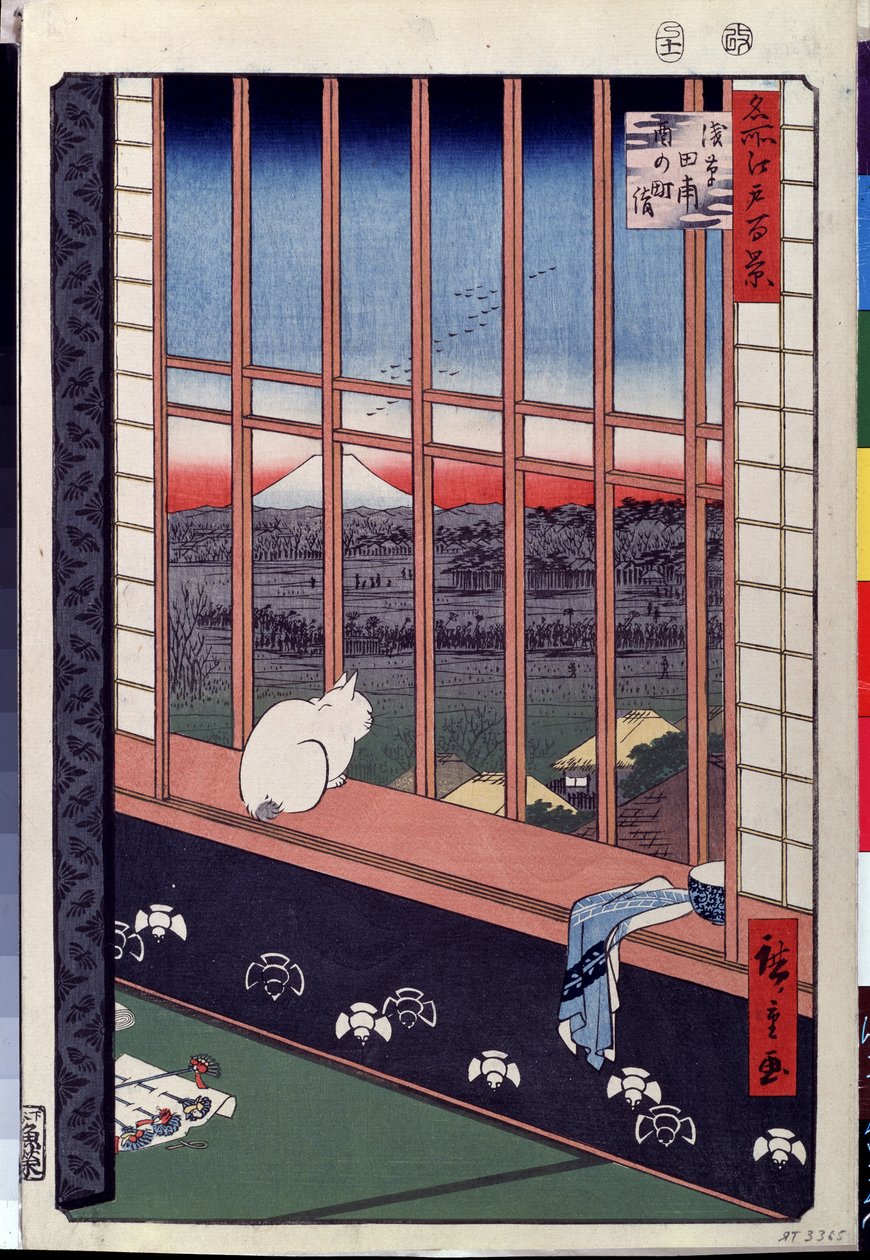 Seria "Sto słynnych widoków Edo"": ""Pola ryżowe Asakusa podczas festiwalu kogutów, kot siedzący na parapecie"" (Kot siedzący na siedzeniu przy oknie) Grafika Utagawa Hiroshige (1797-1858) ) XIX-wieczne Muzeum Puszkina Moskwa autorstwa Ando or Utagawa Hiroshige