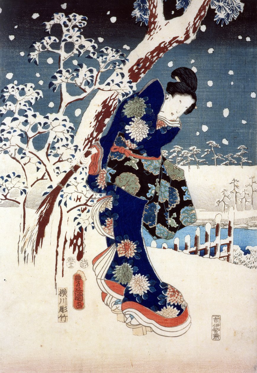 Scena śnieżna w ogrodzie Daimyo, część Tryptyku (sitodruk) autorstwa Ando or Utagawa Hiroshige