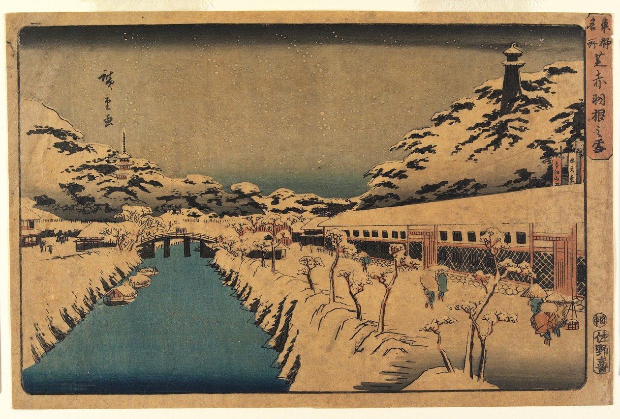 Śnieg na moście Akabane w Shiba, 1844-45 autorstwa Ando or Utagawa Hiroshige