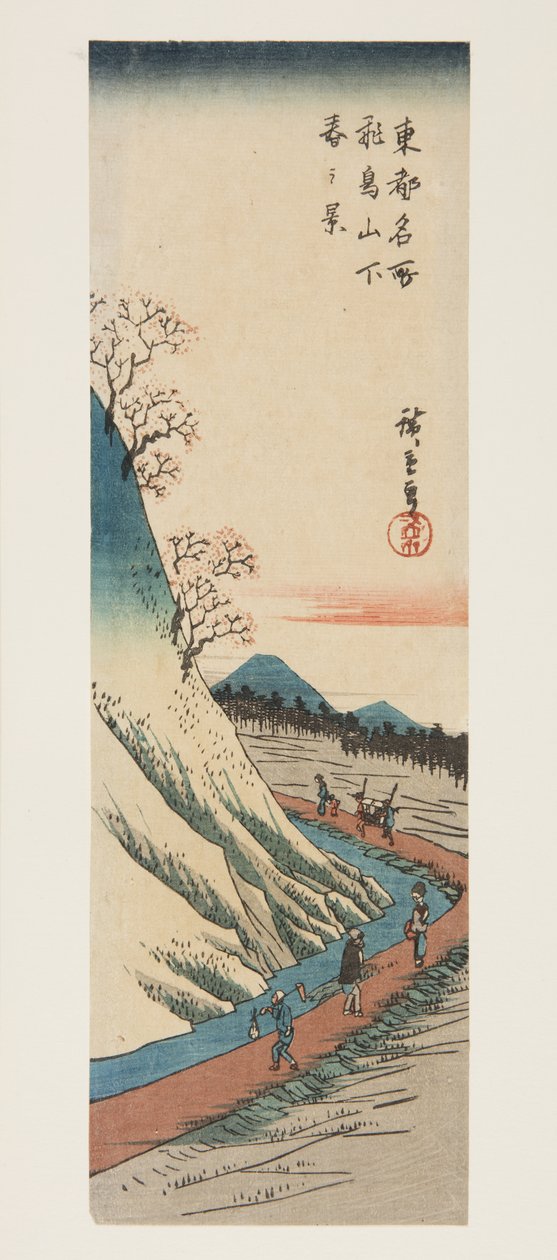 Wiosenny widok u podnóża wzgórza Asuka (Asukayama shita haru no kei) (kolorowy drzeworyt) autorstwa Ando or Utagawa Hiroshige