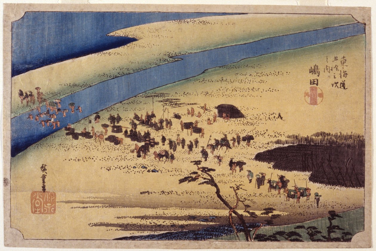 Stacja 24, Shimada (kolorowy drzeworyt) autorstwa Ando or Utagawa Hiroshige