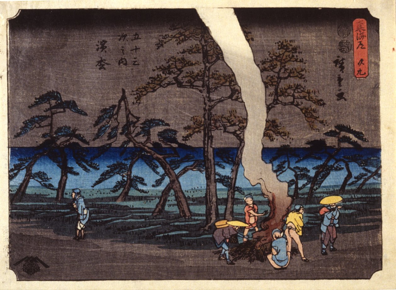 Stacja 30, Hamamatsu (kolorowy drzeworyt) autorstwa Ando or Utagawa Hiroshige