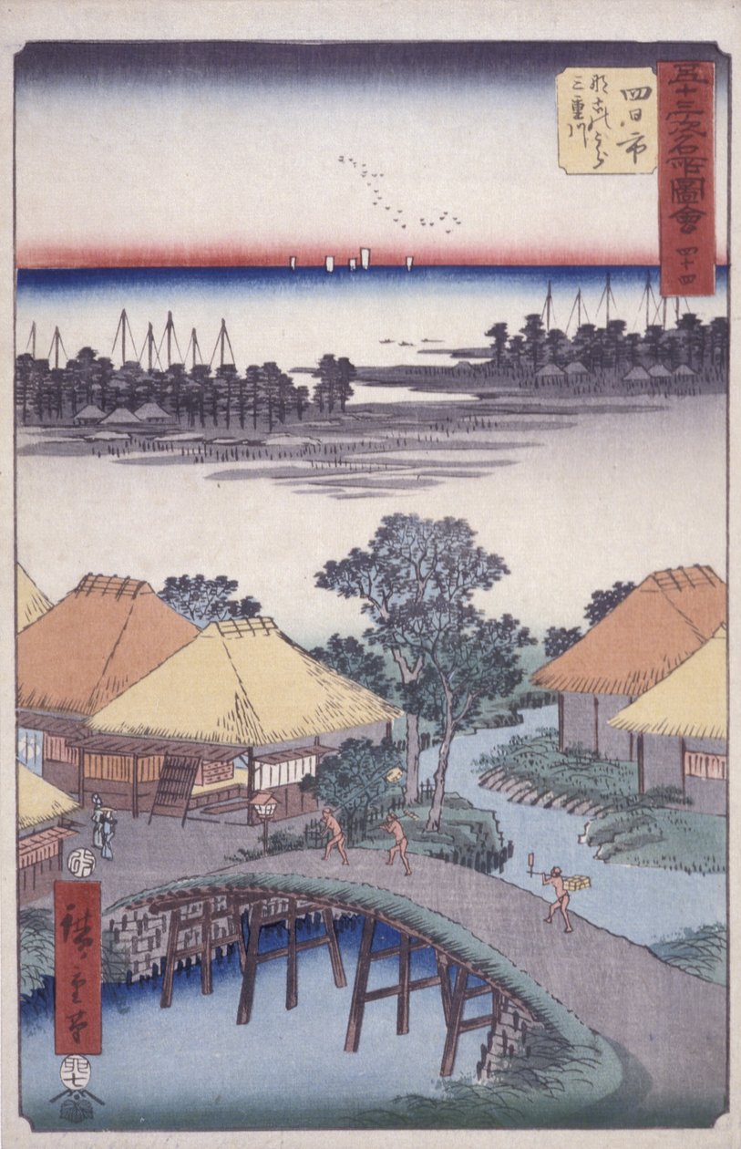 Stacja 44, Yokkaichi (kolorowy drzeworyt) autorstwa Ando or Utagawa Hiroshige
