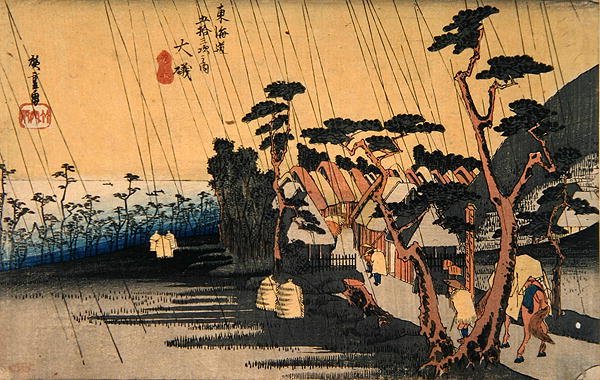Nagły prysznic, Oiso, z serii „Pięćdziesiąt trzy stacje autostrady Tokaido”, ok. 1833-34 (kolorowy drzeworyt) autorstwa Ando or Utagawa Hiroshige