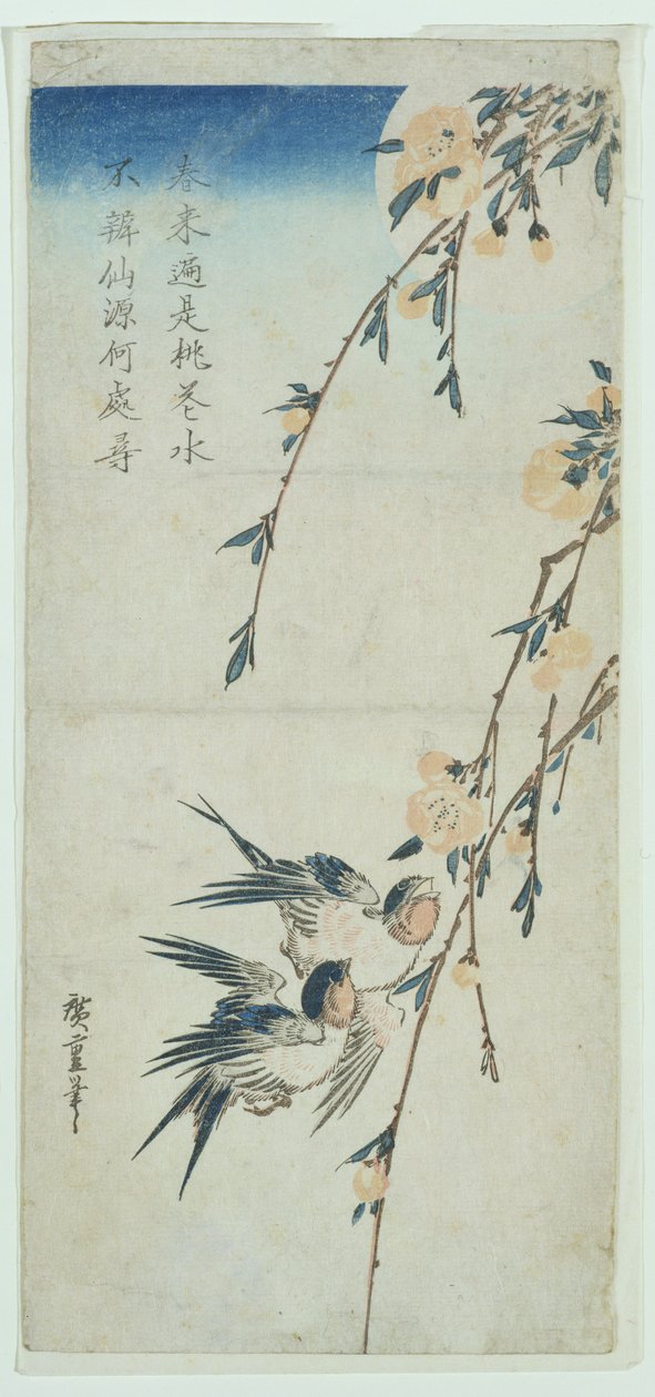 Jaskółki i kwiat brzoskwini w świetle księżyca (drewnodruk) autorstwa Ando or Utagawa Hiroshige