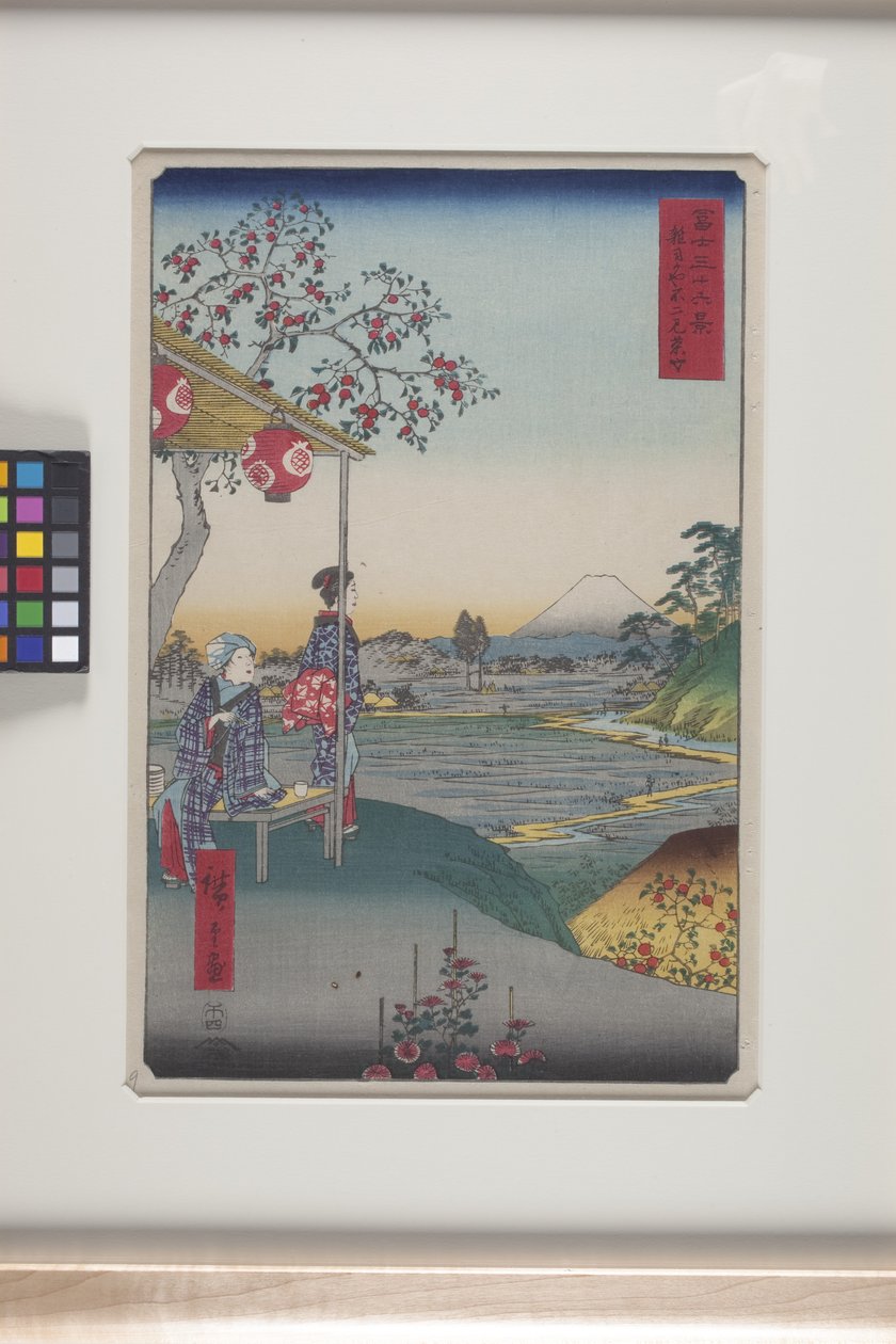 Herbaciarnia z widokiem na górę Fudżi w Zōshigaya (Zōshigaya Fujimi Chaya) (drzeworyt kolorowy) autorstwa Ando or Utagawa Hiroshige