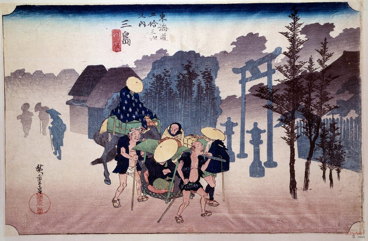 53 przekaźniki Tokaido (droga Kioto-Tokio): Podróżnicy bijący przed świątynią Shiuto. Japońska grafika Utagawy Hiroshige (1797-1858) XIX wiek. Paryż, B.N. autorstwa Ando or Utagawa Hiroshige