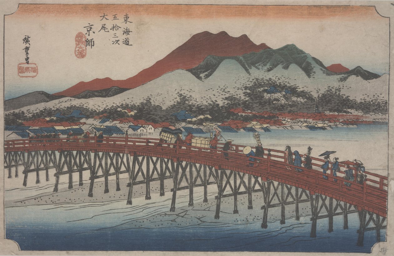 Wielki Most Sanjo, 1834 autorstwa Ando or Utagawa Hiroshige