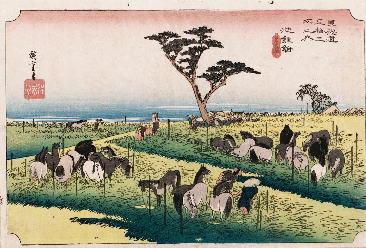 Targ koni w czwartym miesiącu w Chiryu, z serii „Pięćdziesiąt trzy stacje Tokaido”, ok. 1834 autorstwa Ando or Utagawa Hiroshige