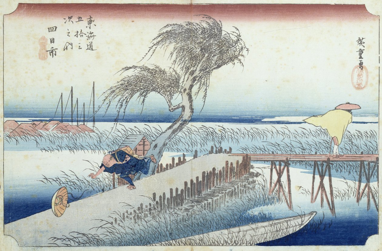 Huragan (Yokkaichi) nr 44 z serii „53 stacje drogi Tokaido” (drewnodruk) autorstwa Ando or Utagawa Hiroshige