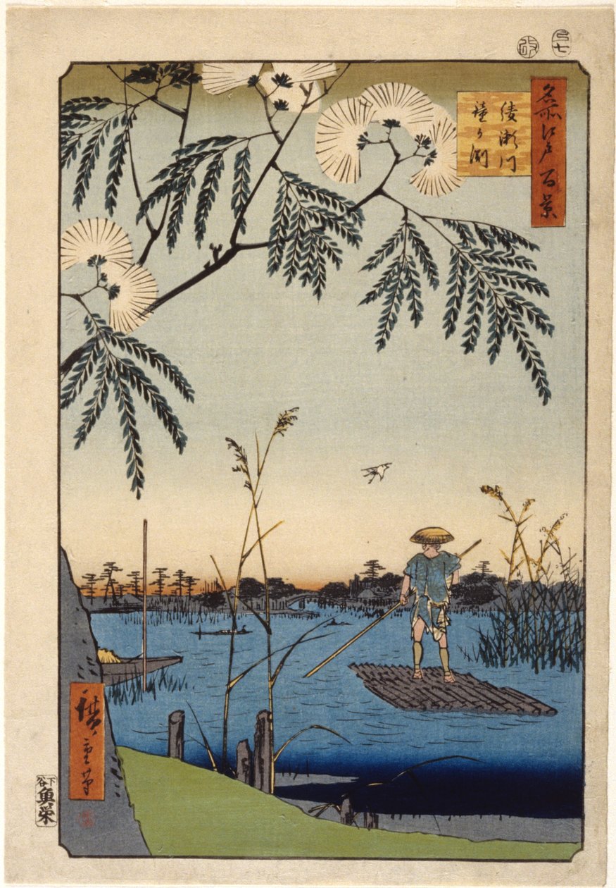 Most Kanasugi w Shibaura (drzeworyt kolorowy) autorstwa Ando or Utagawa Hiroshige