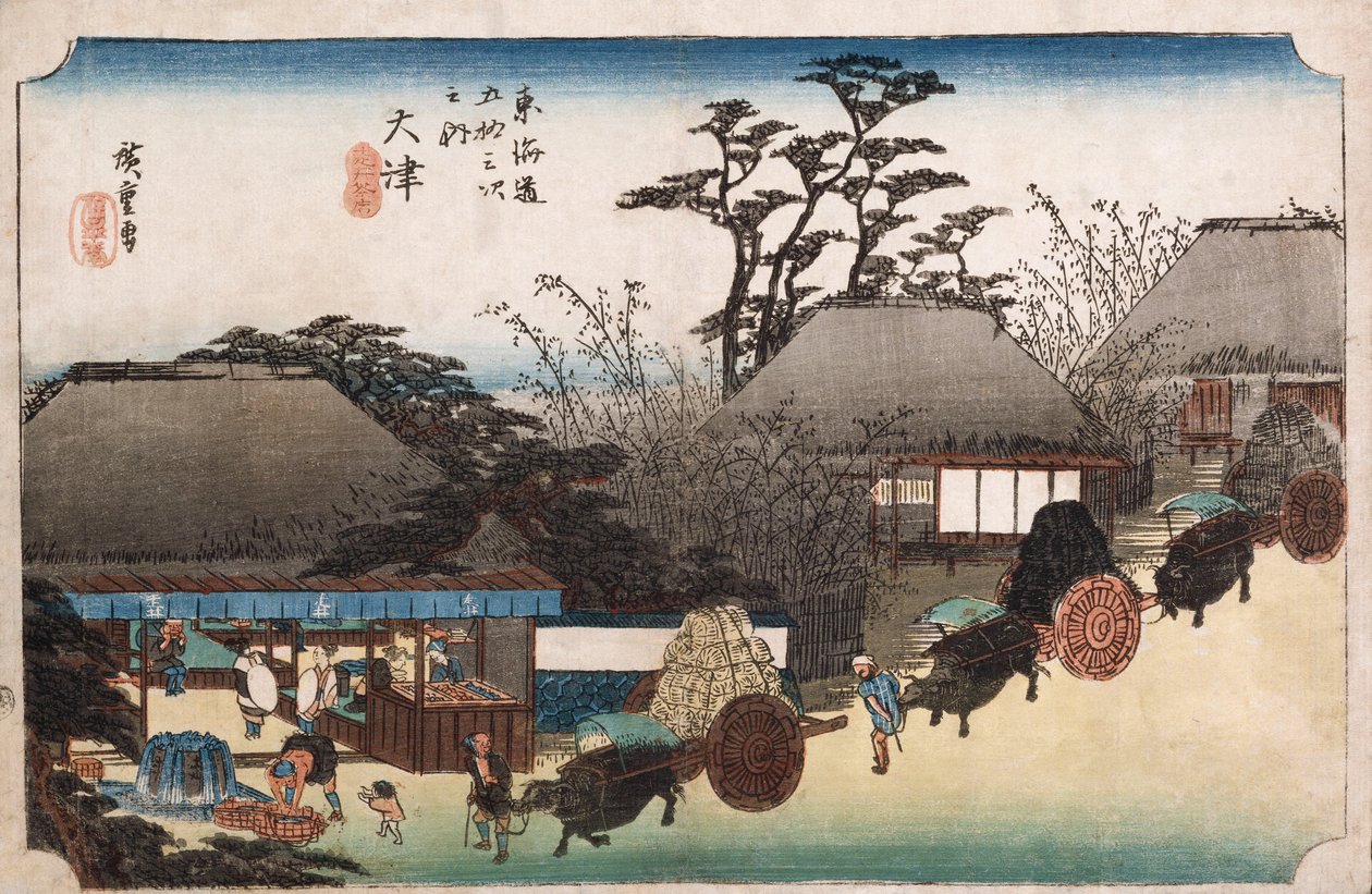 Herbaciarnia Running Well, Otsu, z serii „Pięćdziesiąt trzy stacje Tokaido” autorstwa Ando or Utagawa Hiroshige