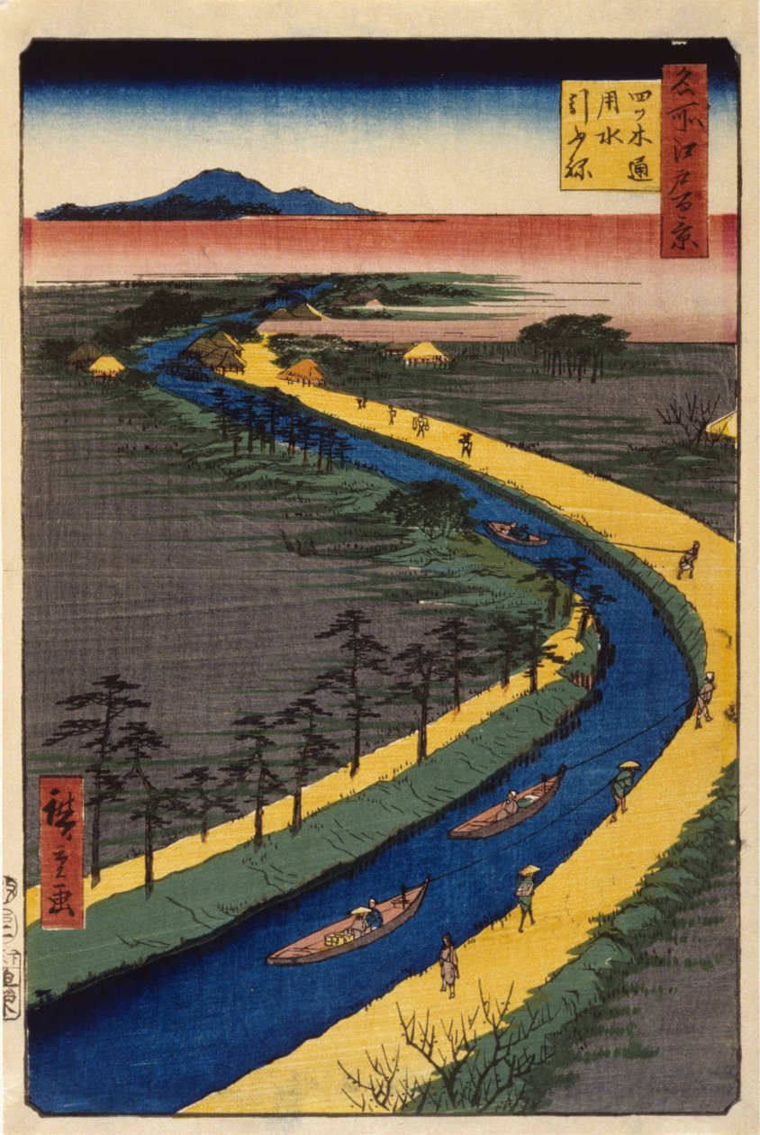 Holowniki na kanale Yotsugidōri (drzeworyt kolorowy) autorstwa Ando or Utagawa Hiroshige