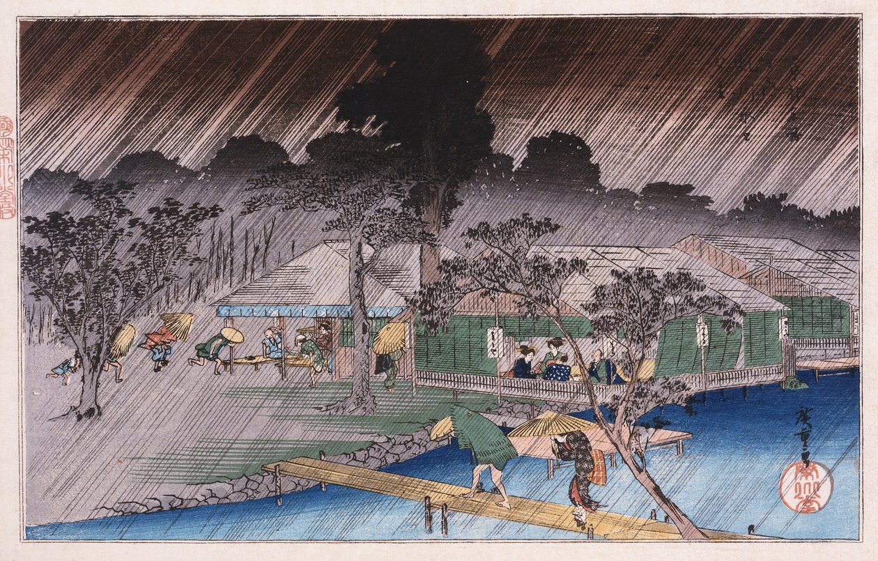 Zmierzchowy prysznic na Tadasu Bank”, z serii „Słynne miejsca Kioto” Ando Hiroshige autorstwa Ando or Utagawa Hiroshige