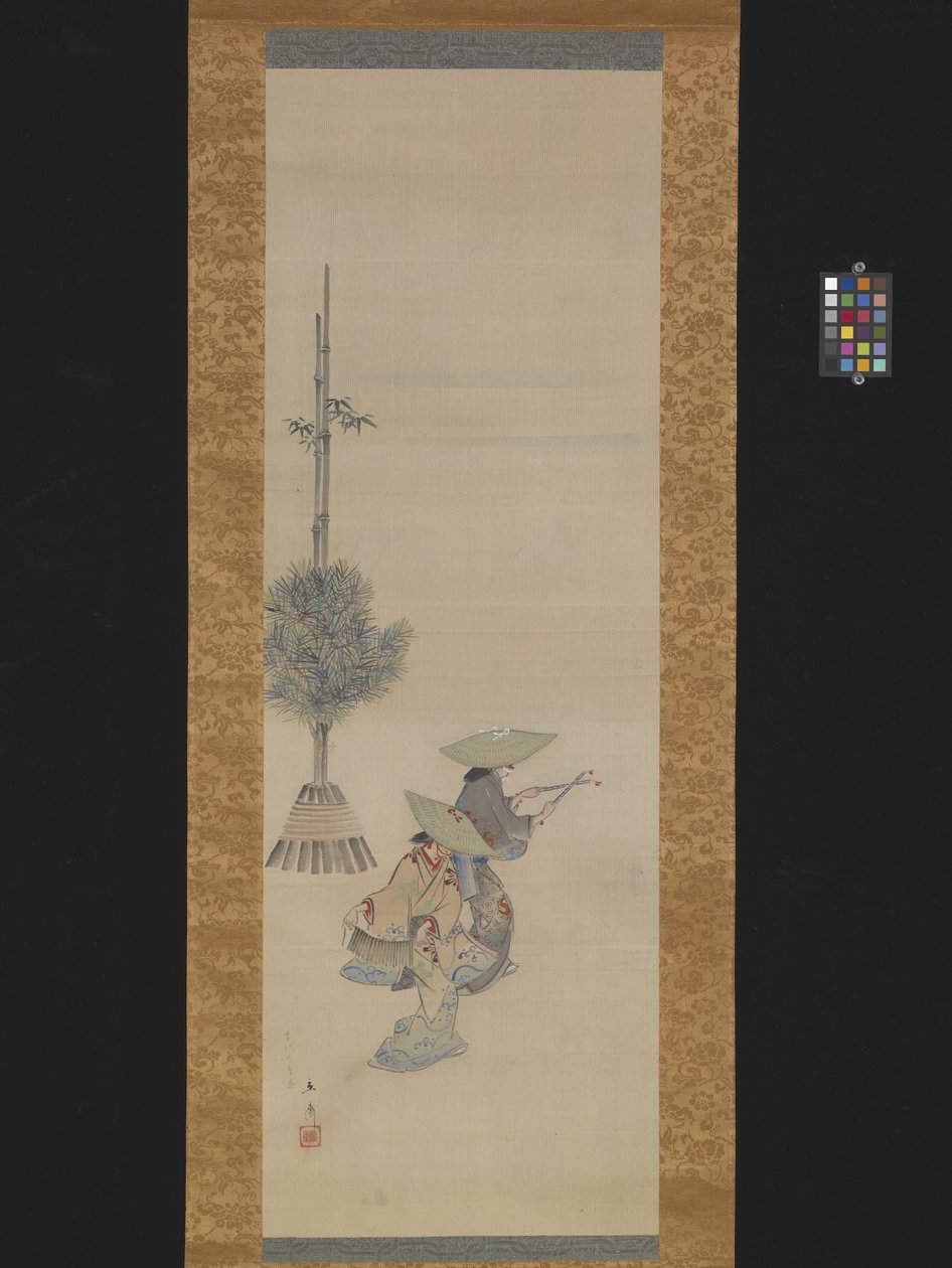Dwie tańczące kobiety w kapeluszach (tusz i kolor na jedwabiu) autorstwa Ando or Utagawa Hiroshige