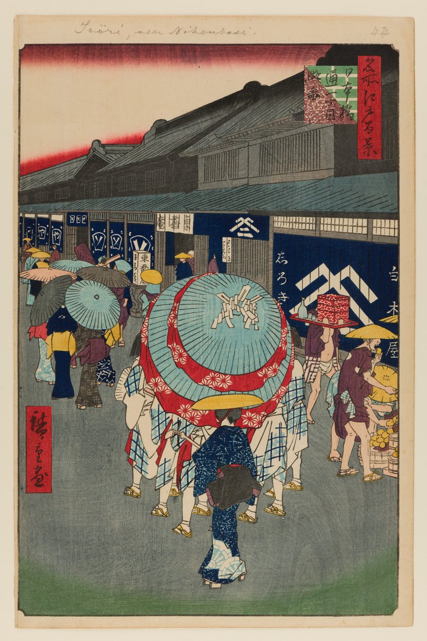 Widok na Nihonbashi Tori-itchome (Nihonbashi Tori-itchome Ryakuzu) autorstwa Ando or Utagawa Hiroshige