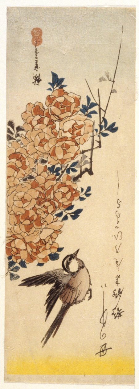 Pliszka i róże (kolorowy drzeworyt) autorstwa Ando or Utagawa Hiroshige