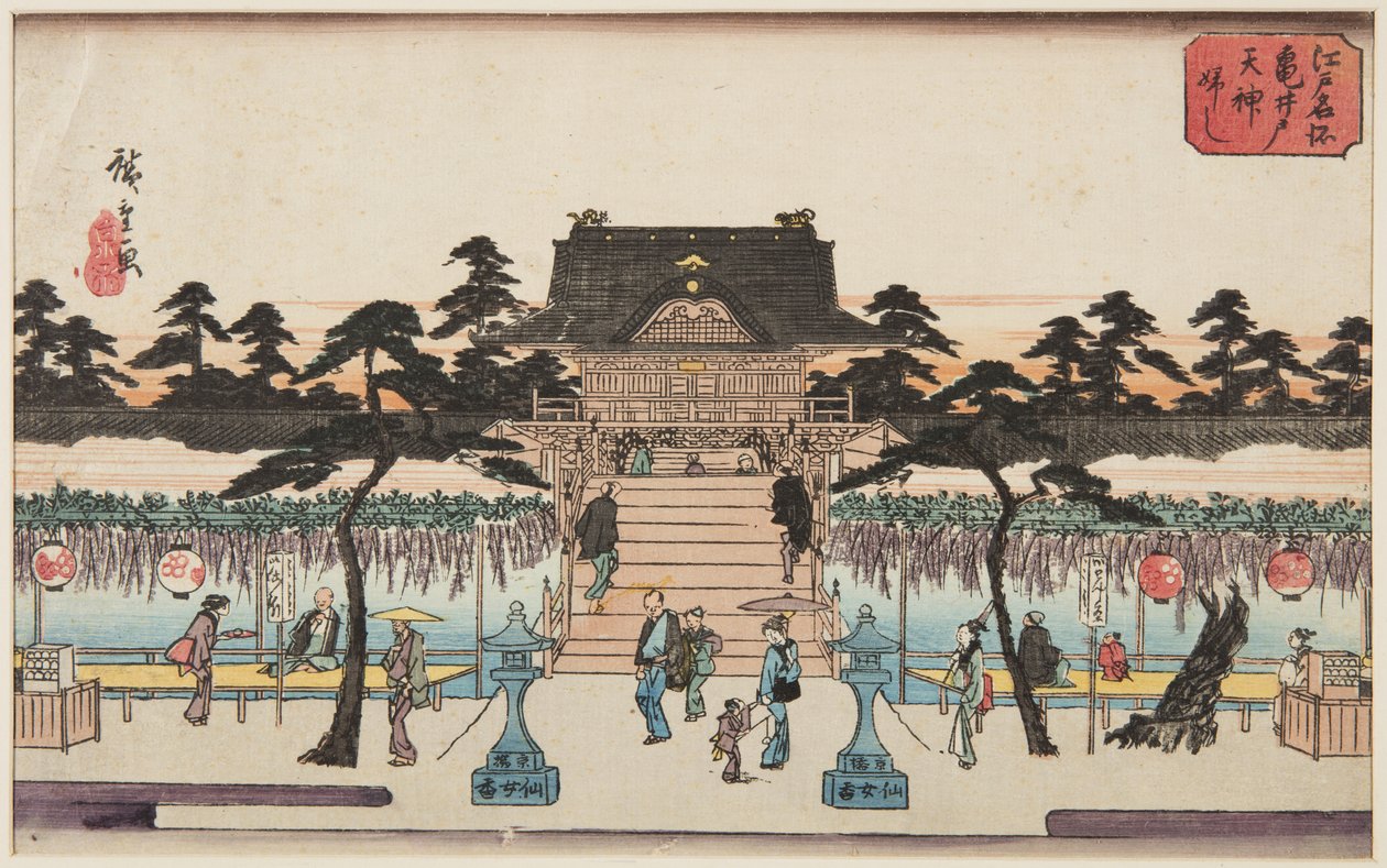 Wisteria w Kameido Tenjin Shrine (kolorowy drzeworyt) autorstwa Ando or Utagawa Hiroshige