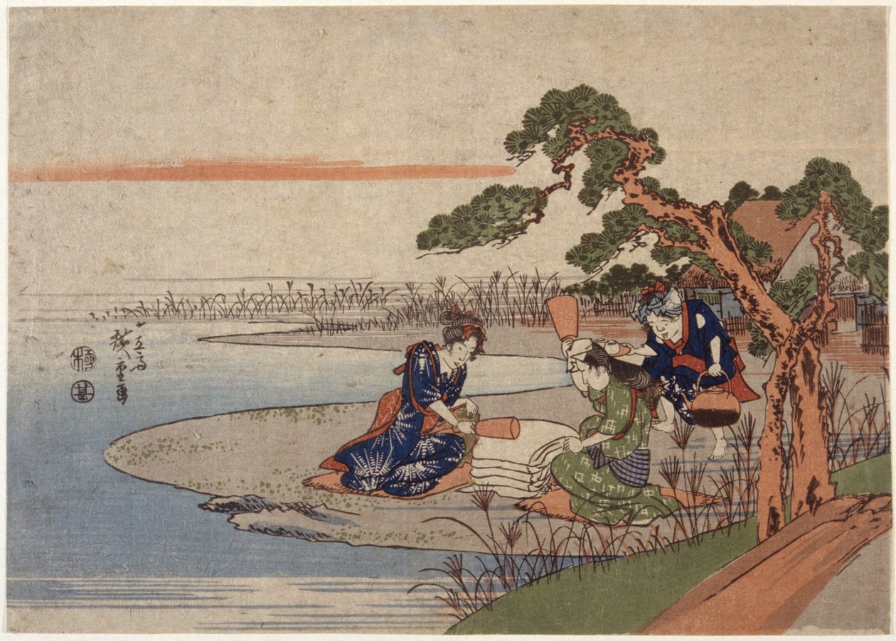 Kobiety przygotowujące płótno (kolorowy drzeworyt) autorstwa Ando or Utagawa Hiroshige