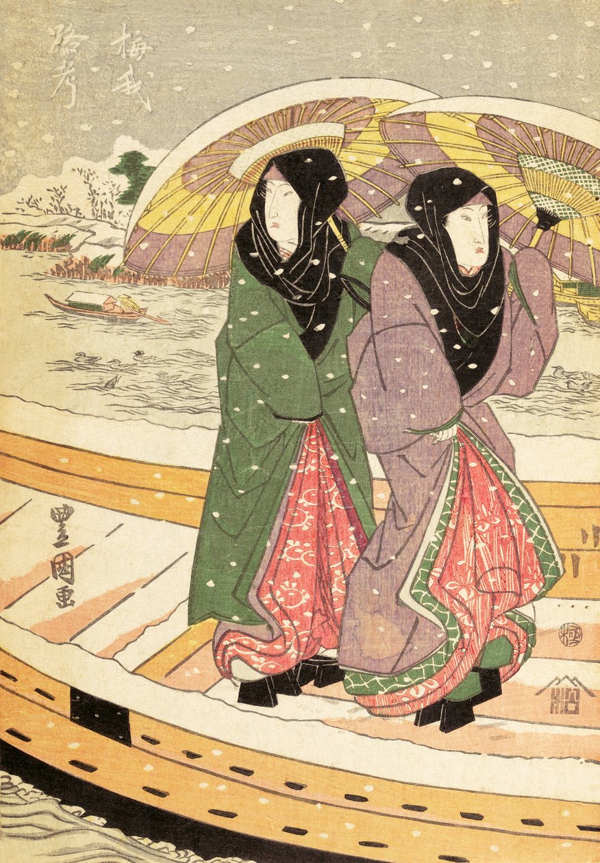 Kobiety spacerujące po moście w śniegu, pub.c.1848 (kolorowy drzeworyt) autorstwa Ando or Utagawa Hiroshige